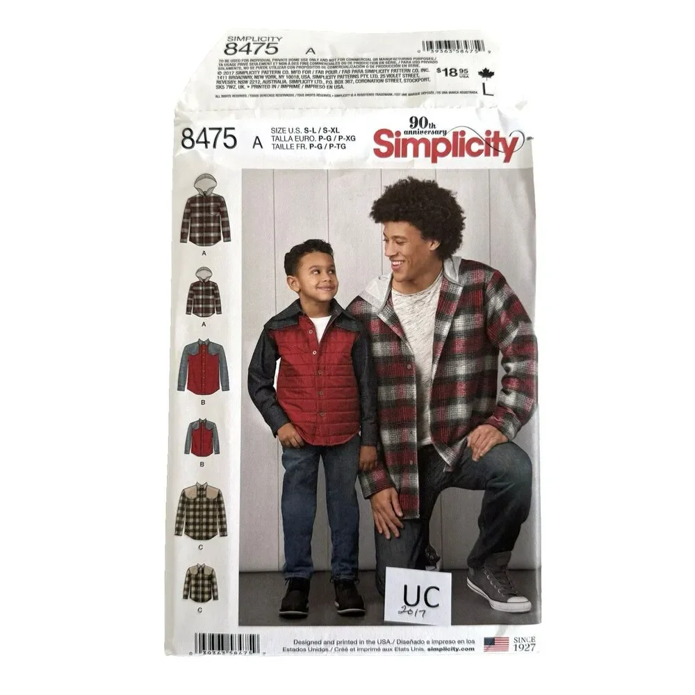 Simplicity Sewing Pattern 8475 Dad & Me Shirt Jacket Hooded Mens 34-48 Boys S-L